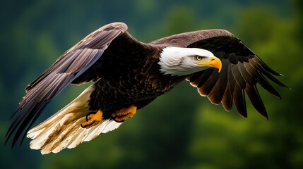 Obraz premium A majestic eagle soaring through the air with outstretched wings.