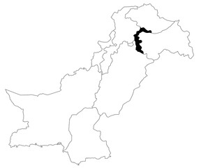 Map of Azad Jammu Kashmir province in Pakistan country on white background. single province map highlighted by black colour on pakistan map. pak, pk