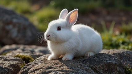 Fototapeta premium A white rabbit sits on a rock in a grassy field, looking to the side.