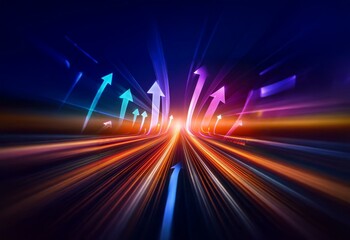 Abstract glowing light streaks on a dark background with arrows pointing upward.