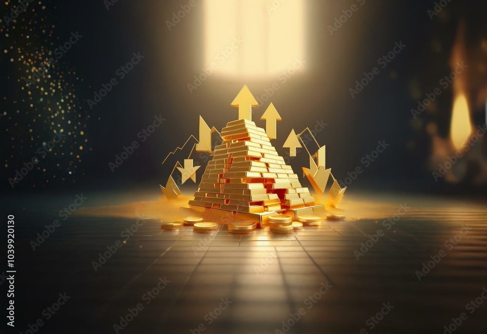 Poster gold bars form a pyramid with gold coins at the base, with arrows pointing up and down.