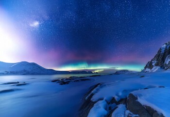 Aurora Borealis illuminates the night sky over a snow-covered landscape with mountains and a frozen ocean.