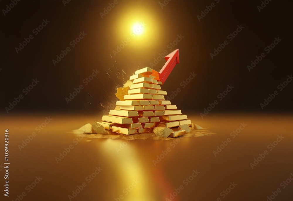 Poster a red arrow points upward from the top of a gold bar pyramid, signifying growth and prosperity.