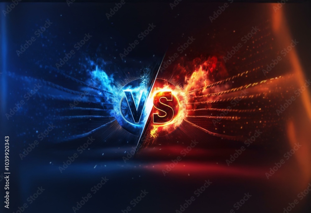 Poster a dark blue and red background with a glowing vs logo. the letters are set in circles, surrounded by