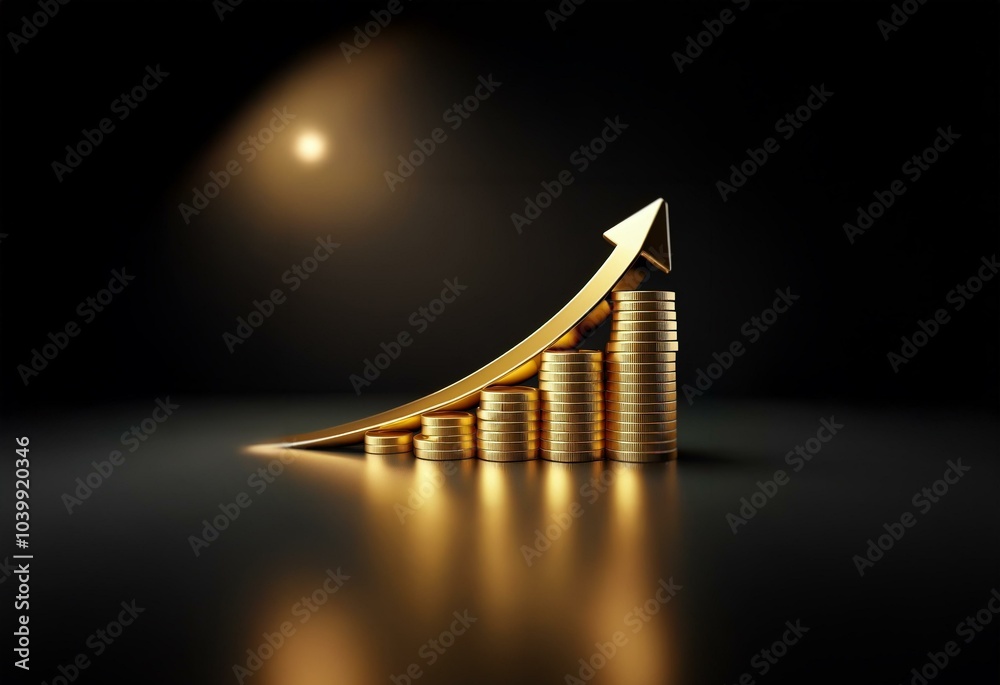 Poster Golden coins stacked in a bar graph shape with a golden arrow pointing upwards.