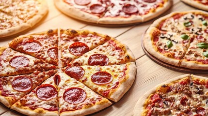 Assorted pizzas with various toppings on a wooden table.