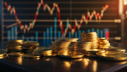 Financial investment and success market stock technology currency report. Stacks of coin with trading graph.