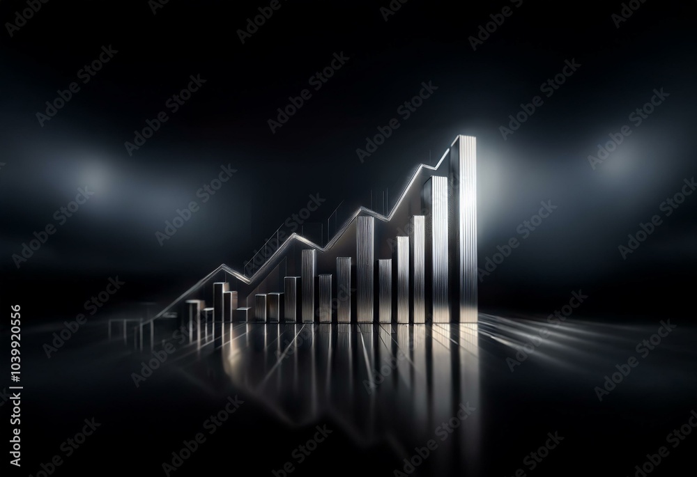 Poster a silver bar graph rises upward in a dark room with light reflecting off its surface and the floor b