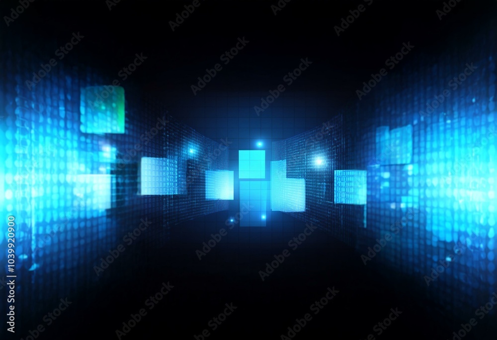 Poster Abstract digital background with a blue, glowing grid pattern and squares.
