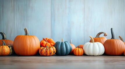 Colorful pumpkins displayed on a wooden surface against a blue background.