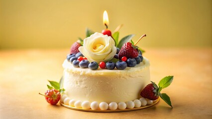 Delightful Little White Birthday Cake with Candle and Berries on Pastel Yellow Background