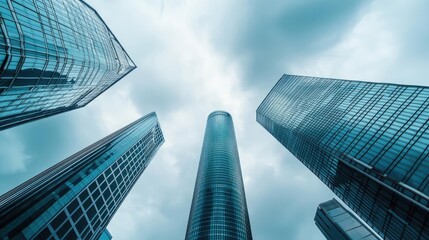 Fototapeta premium Skyscrapers against a cloudy sky, showcasing modern architecture.