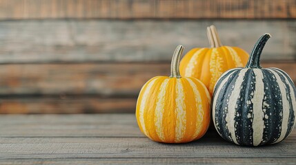 Three striped pumpkins on a rustic wooden table background.