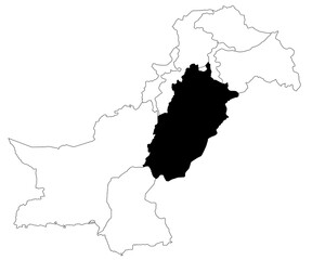 Map of punjab province in Pakistan country on white background. single province map highlighted by black colour on pakistan map. pak, pk