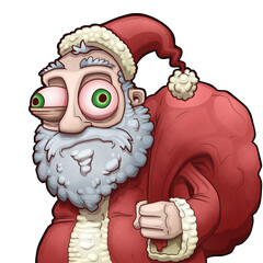 Stressed Out Santa Claus with Buldging Eyes, Red Sack, Saint Nick, Funny Merry Christmas Illustration, Isolated Transparent PNG, Large Format