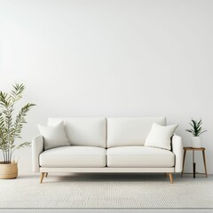 Obraz premium A modern, minimalist living room features a light sofa, decorative pillows, and potted plants against a clean, white wall.