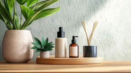 Stylish display of skincare bottles and a decorative plant