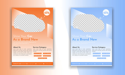 Car wash professional flyer design, blue, orange, clean, service, mechanic, repair, discount, automobile, unique, vehicle, workshop, a4 brochure print ready template.