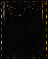 Abstract Christmas holiday background with dark snowflakes, hanging garland and golden frame