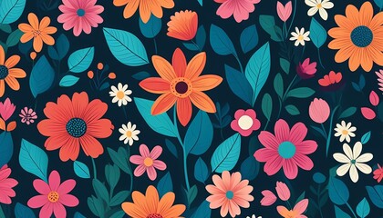 Illustration of cartoon flower and leaf wallpaper, with bright colors and an abstract style