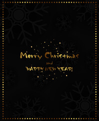 Vector Christmas holiday background with dark snowflakes and golden frame