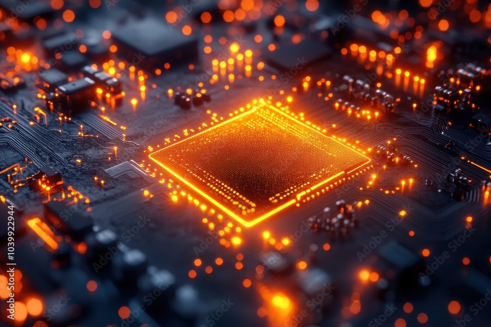 Poster detailed view of a glowing microchip surrounded by circuit pathways in a darkened environment