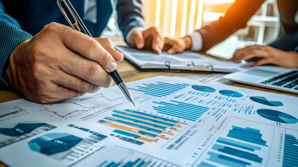 Professionals Reviewing Quarterly Business Charts and Projections on Printed Reports