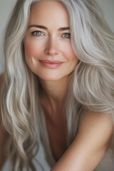 Naklejka premium attractive woman in her fifties with long, wavy silver hair and subtle makeup, smiling at the camera in soft, natural lighting.