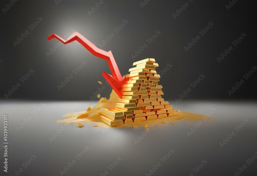 Poster a red arrow pointing down is positioned above a tower of gold bars, with some gold bars falling away