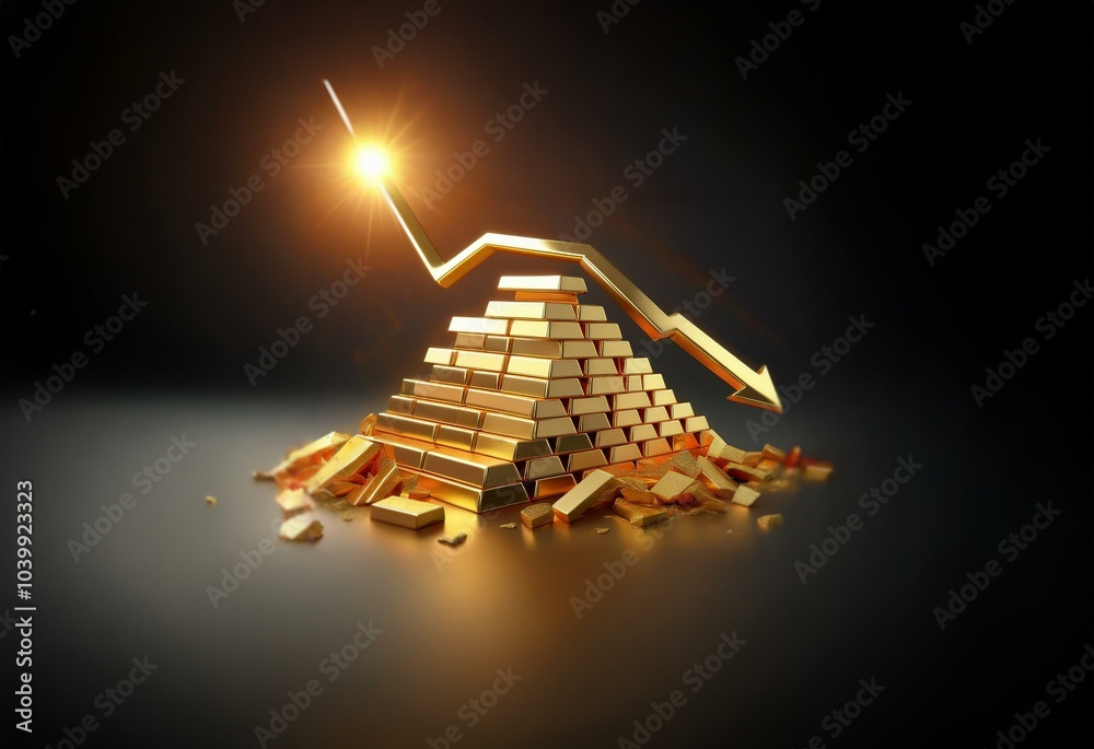 Poster a gold pyramid is collapsing as a golden arrow points downward.