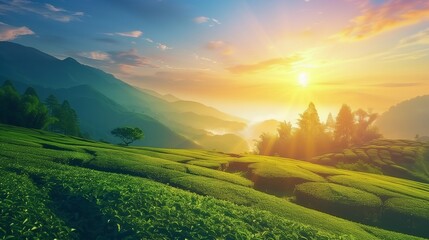 Fototapeta premium Sunrise illuminating a vast tea plantation with mist-covered mountains in the background. Ideal for nature, travel, and environmental themes