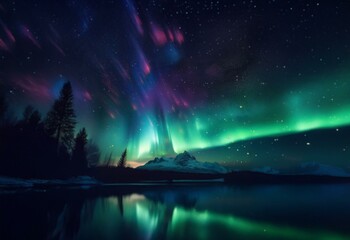 Fototapeta premium A vibrant green and purple aurora borealis dances across the night sky above a calm lake and a snow-capped mountain range.