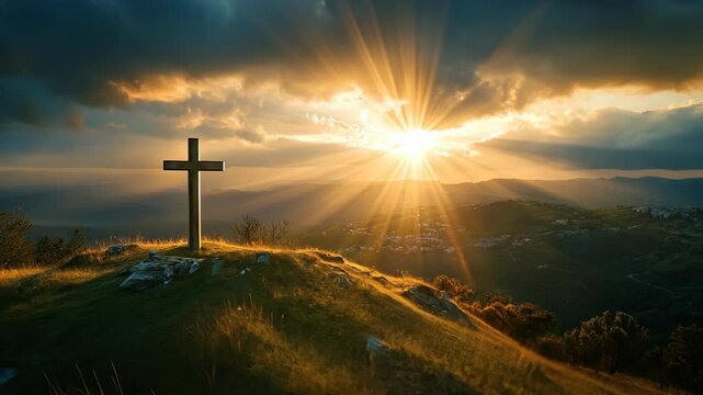 A wooden cross stands tall on a grassy hilltop with the sun setting behind it