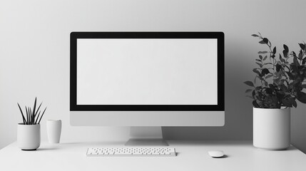 Fototapeta premium Computer screen mockup with houseplants near white wall. Digital equipment of corporate office template advertising image. Pc monitor mock up on desk product photorealistic