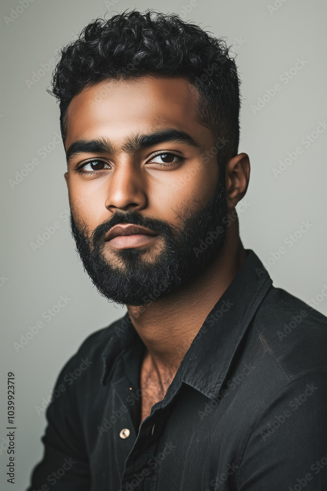 Wall mural headshot of a black mixed race male model with short hair and a beard, wearing a dark shirt on a lig