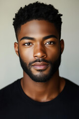 Obraz premium Headshot of a Black mixed race male model with short hair and a beard, wearing a dark shirt on a light background