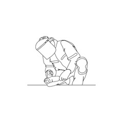 Dessin en ligne continue d'un homme tenant une meuleuse, line art, vecteur