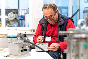 Professional technical worker man working and metal mold and die part repair in a factory.