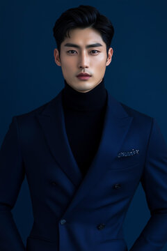 Handsome, muscular Korean man in an navy blue suit, dark hair with short sides and long front, posing for the camera, black turtleneck underneath the blazer, hands behind his back, solid blue 