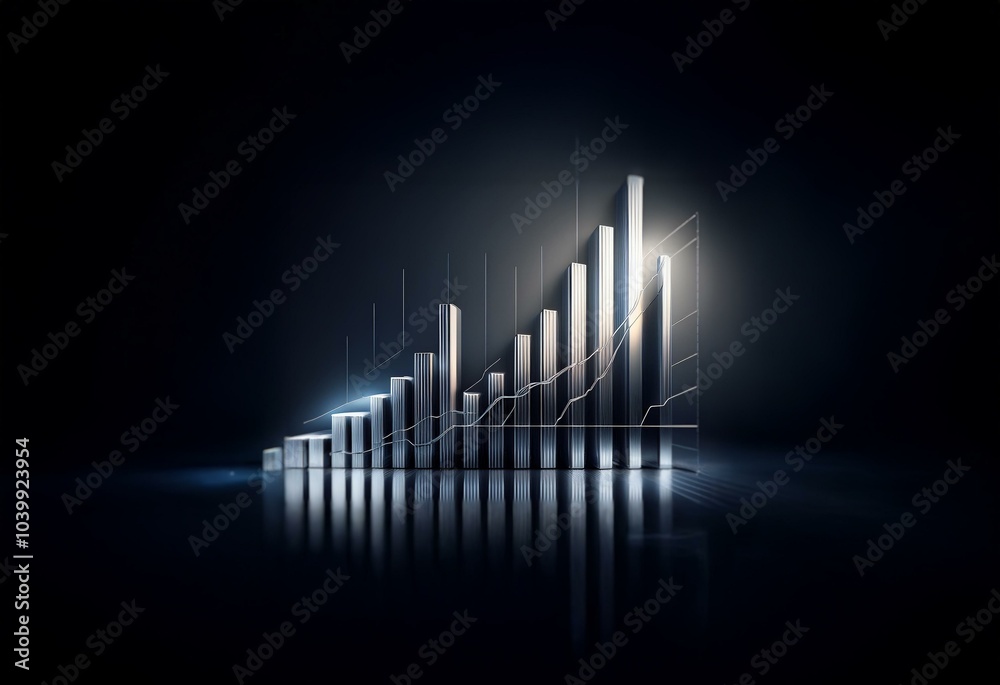 Aufkleber A 3D bar graph with a thin, black line graph rising through it.  The bars are metallic with a reflective finish.