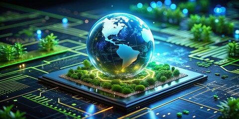 Digital Hologram of Earth on Electronic Board Surrounded by Green Vegetation and Blue Lights