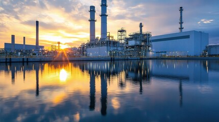 Obraz premium Industrial Sunset with Reflection on Water Surface