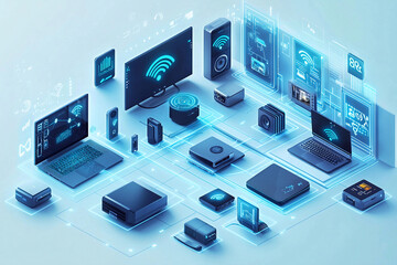 Digital technology setup with connected devices and wireless signals
