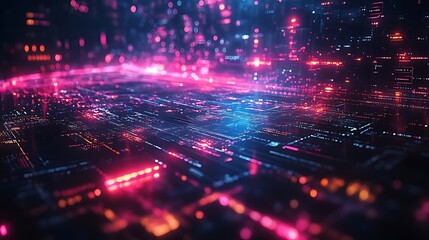 Abstract digital background with glowing lines and particles in neon colors.