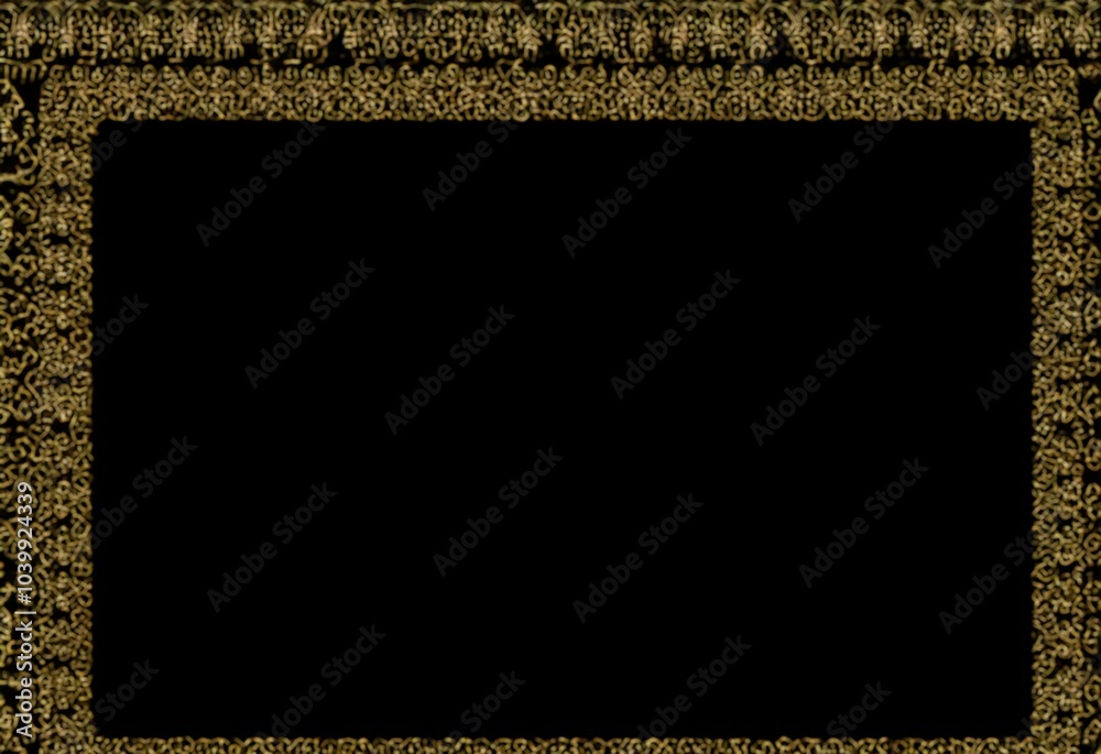 Poster A golden frame with a blurred, intricate pattern surrounds a black empty space.