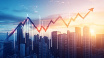 A city skyline at sunset with a stylized upward trend graph overlay, symbolizing growth and progress in business or finance.