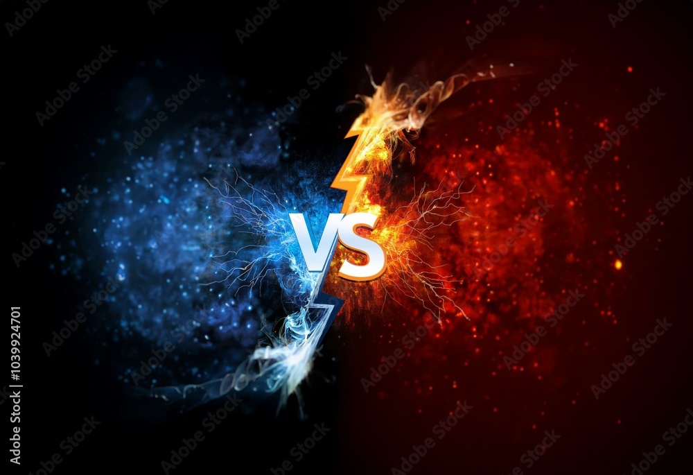 Poster a bright lightning bolt divides a background of blue sparks and red flames with the word 
