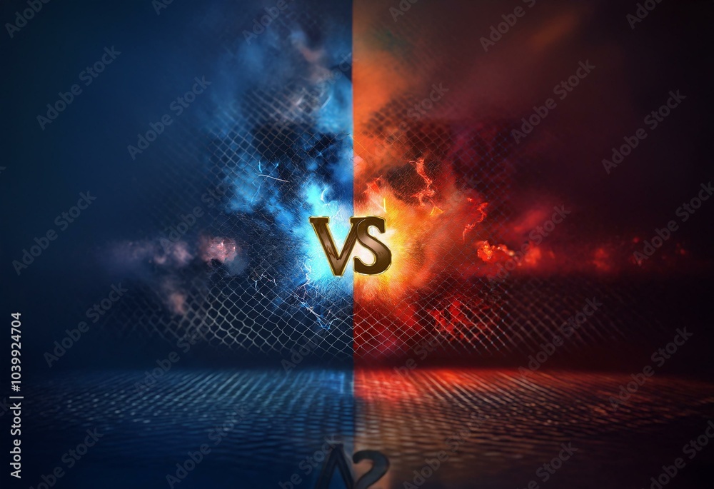 Poster a dark and dramatic abstract image with a gold vs symbol in the center surrounded by blue and red gl