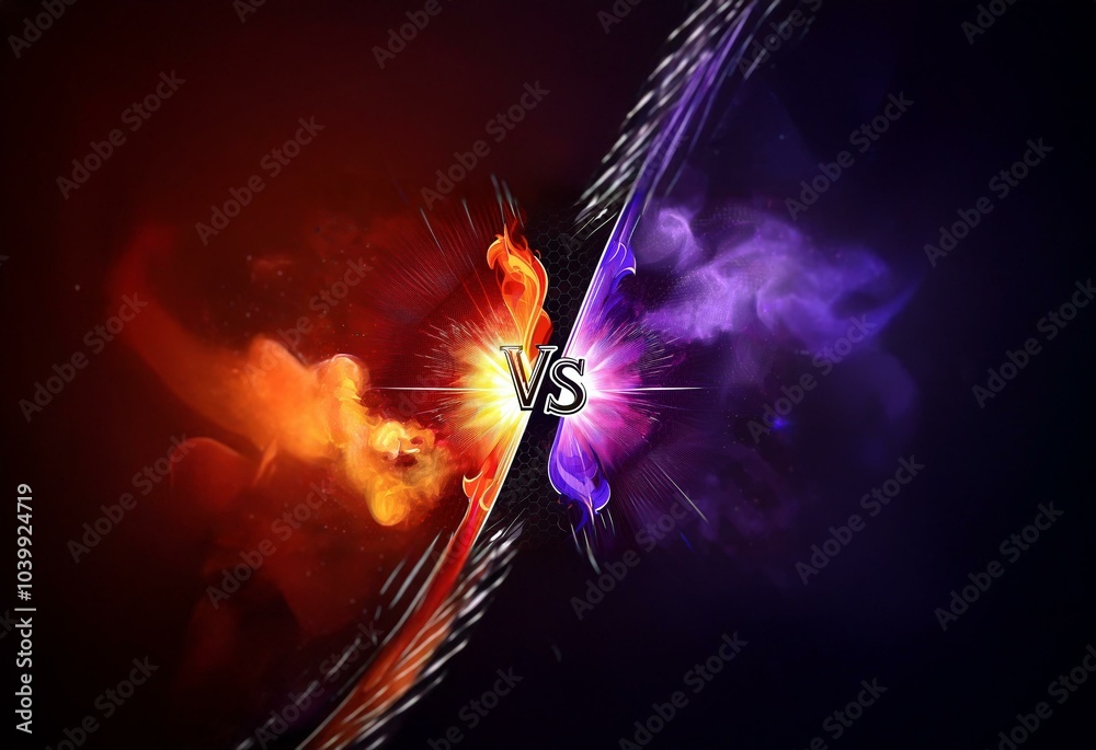 Poster a fiery orange and purple smoke cloud with glowing lines and a vs symbol in the middle.
