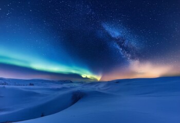 A vast snowy landscape stretches beneath a starry sky, with an aurora borealis and the milky way shining brightly overhead.